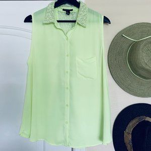Forever 21 Y2K Neon Highlighter Yellow Sheer & Lace Button-Up Blouse | Size: L